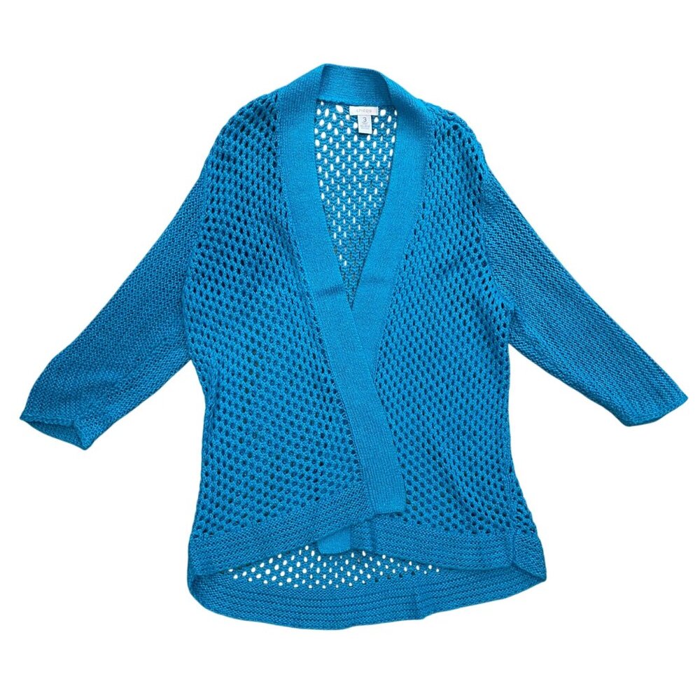 Chico's Open Front Cardigan Sweater Women's Size 3 (US 16) Blue Shimmer Cotton